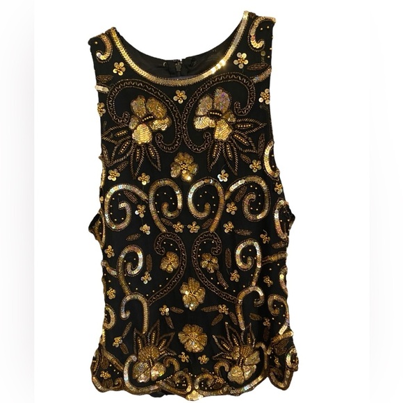 VTG 90s black Gold beaded sequin sleeveless blouse Formal Holiday Christmas NYE - Picture 1 of 7